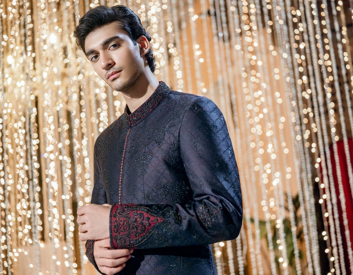 Blue-Black Polyester Sherwani | Jjsw-579