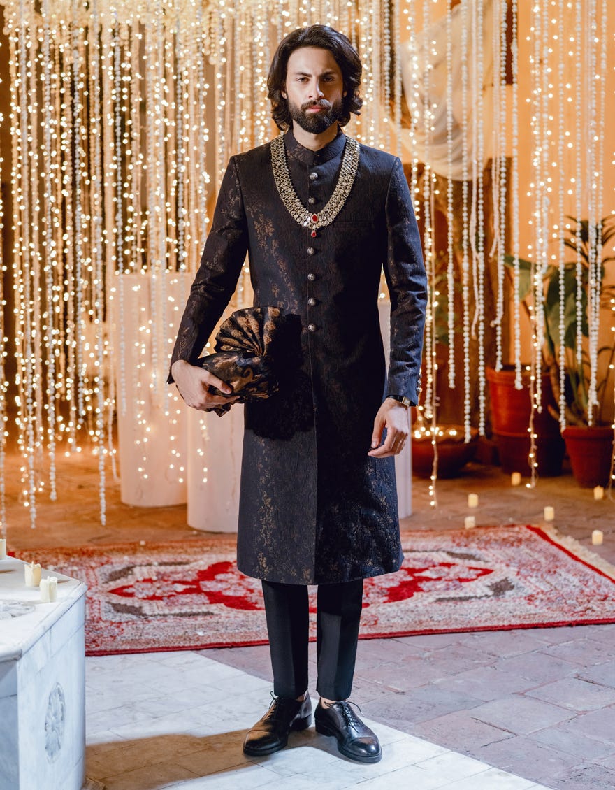 Black Cotton Sherwani | Jjsw-587