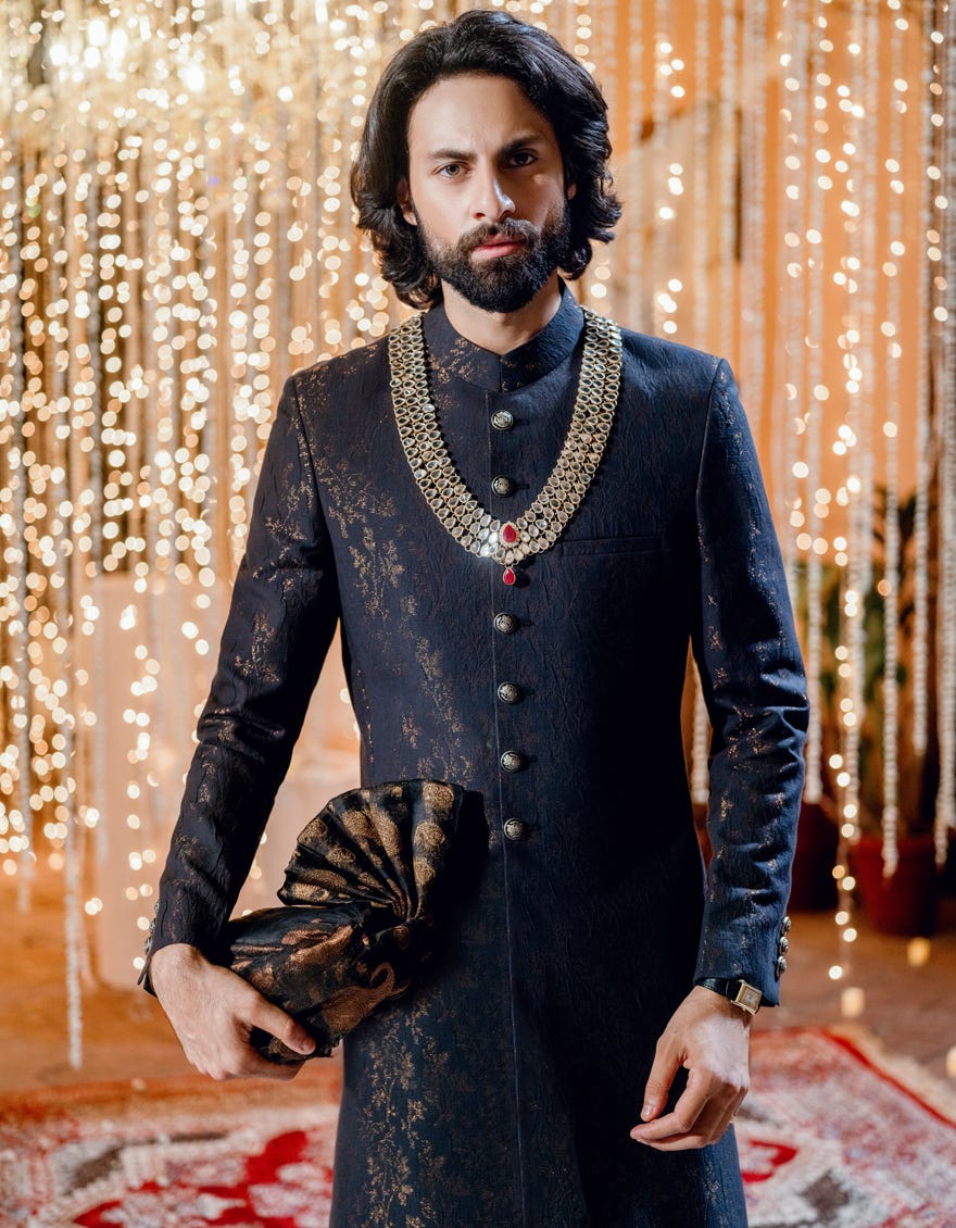 Black Cotton Sherwani | Jjsw-587