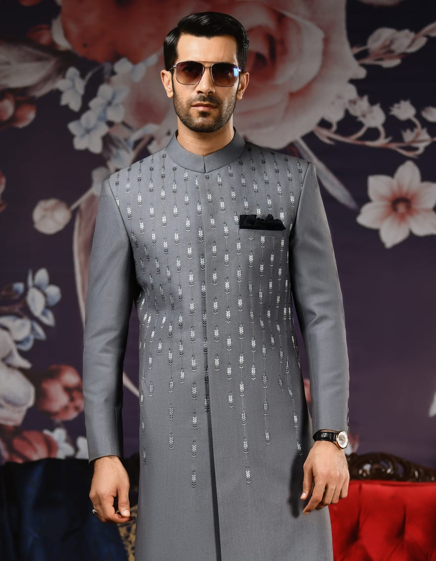 HEATHER GREY SUITING SHERWANI | JJSWP-538