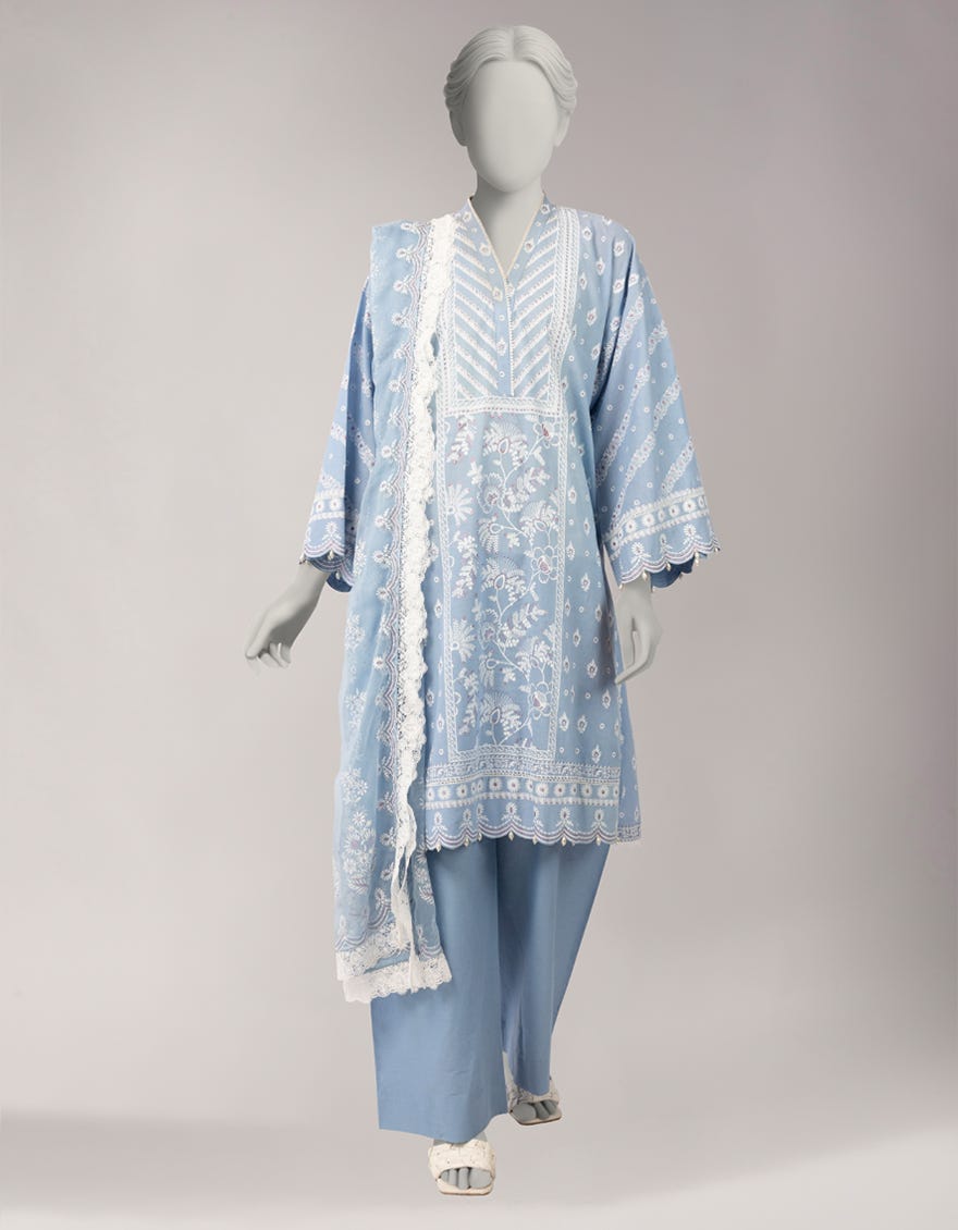 BLUE LAWN PASTE PRINTED 3PC STITCHED