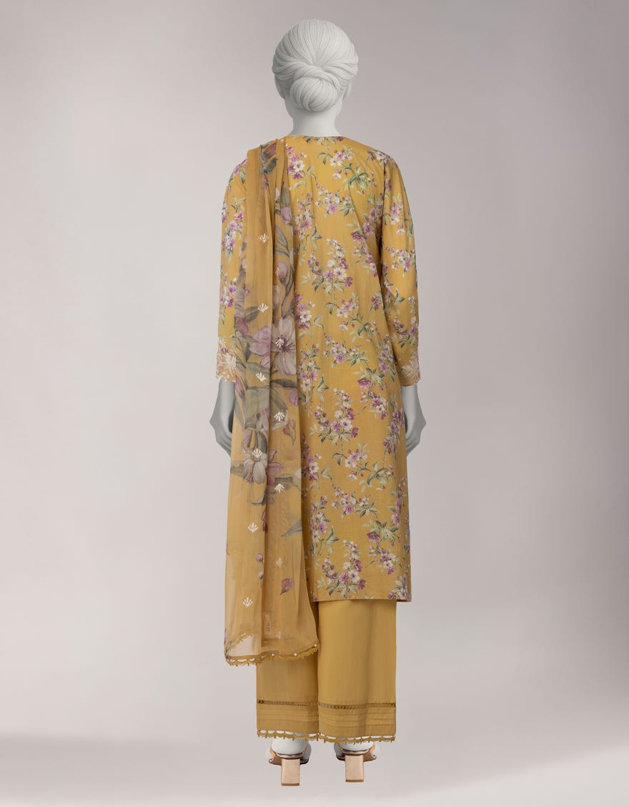 YELLOW LAWN EMBROIDERED STITCHED 3PC