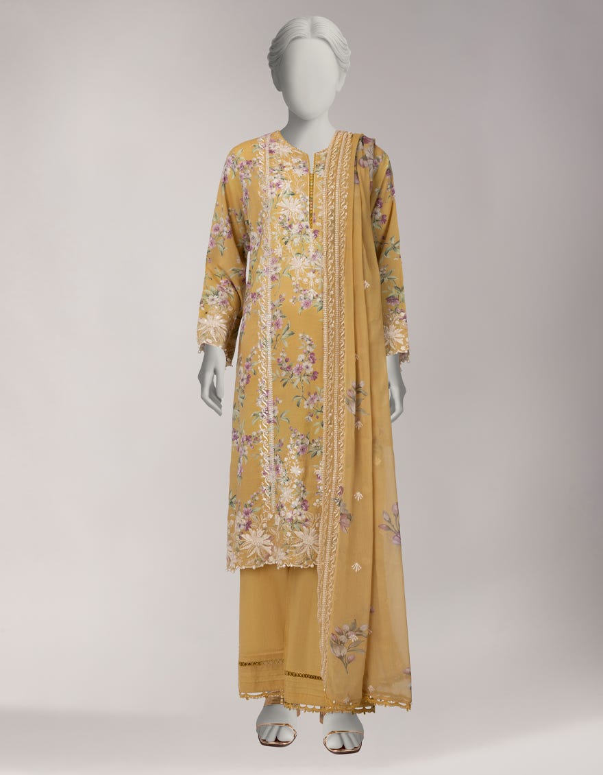 YELLOW LAWN EMBROIDERED STITCHED 3PC