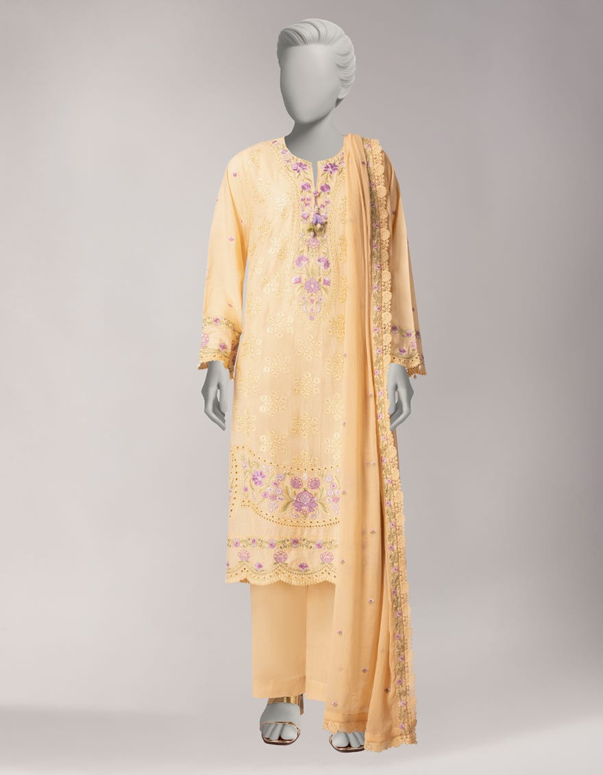 CREAM LAWN EMBROIDERED STITCHED 3PC
