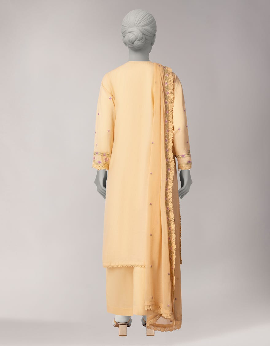 CREAM LAWN EMBROIDERED STITCHED 3PC