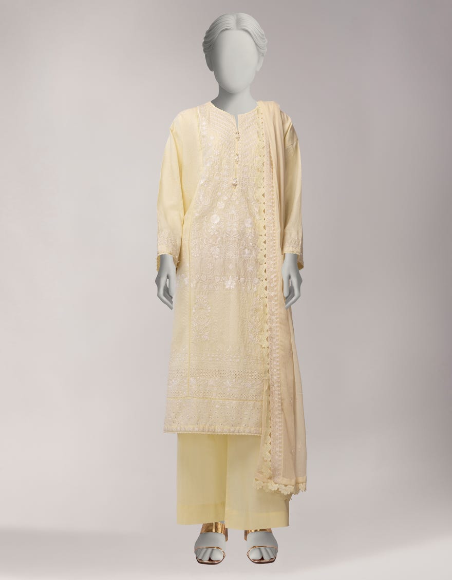 YELLOW LAWN EMBROIDERED STITCHED 3PC