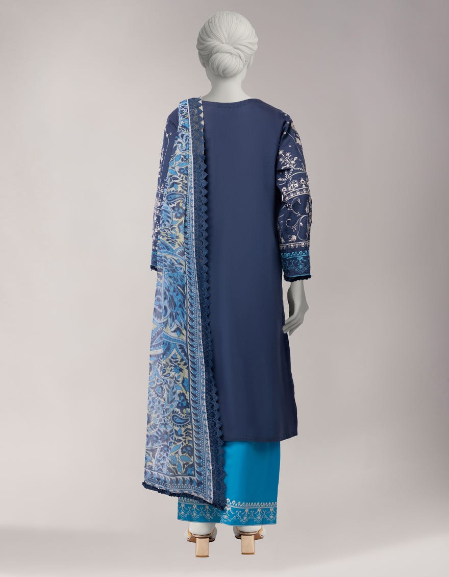 BLUE LAWN EMBROIDERED STITCHED 3PC