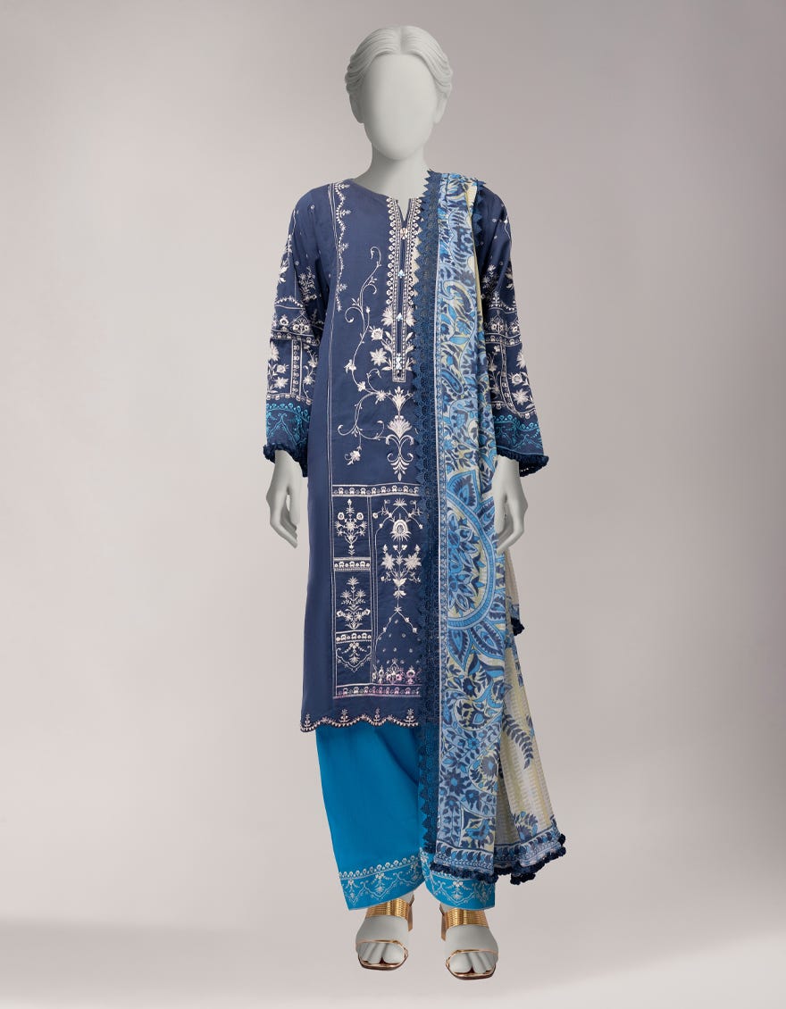 BLUE LAWN EMBROIDERED STITCHED 3PC