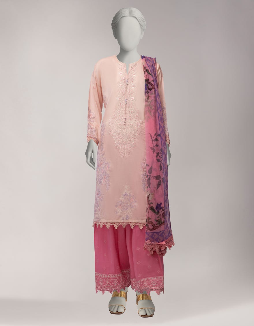 PINK LAWN EMBROIDERED STITCHED 3PC