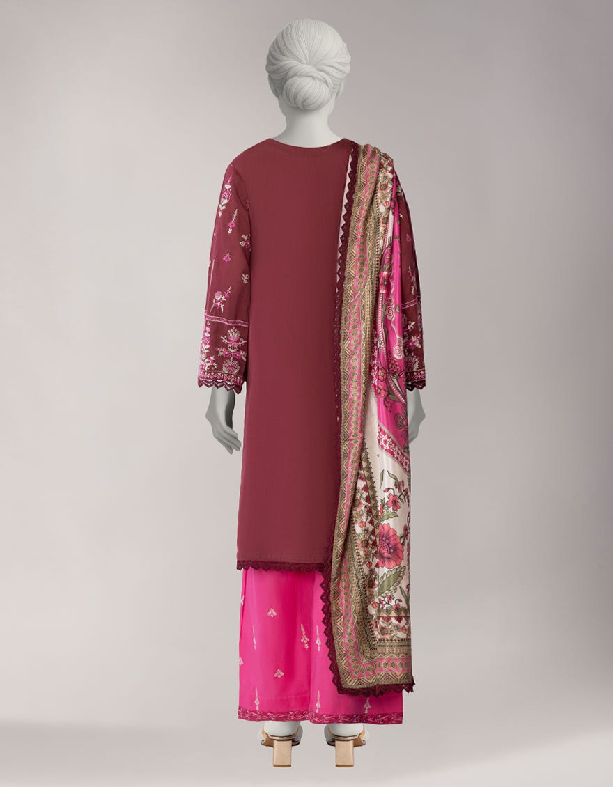 MAROON LAWN EMBROIDERED STITCHED 3PC