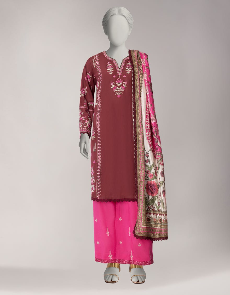 MAROON LAWN EMBROIDERED STITCHED 3PC
