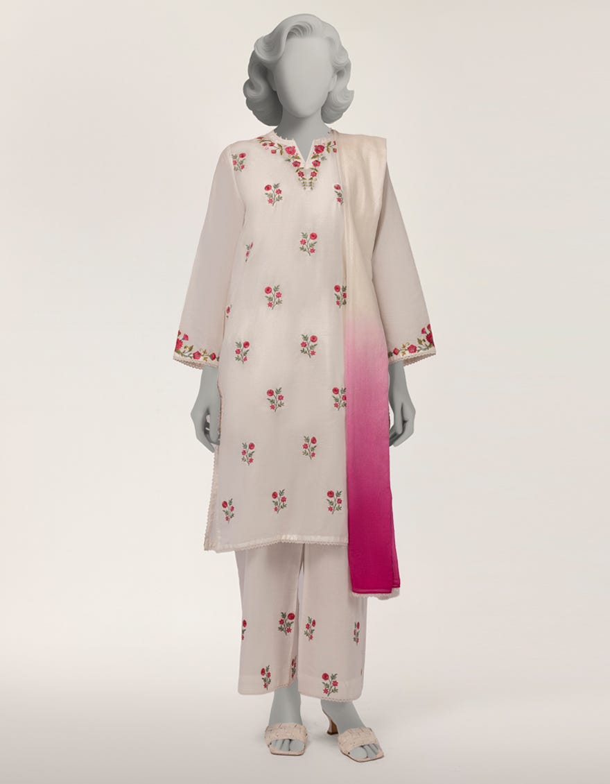 WHITE JACQUARD EMBROIDERED 3PC STITCHED