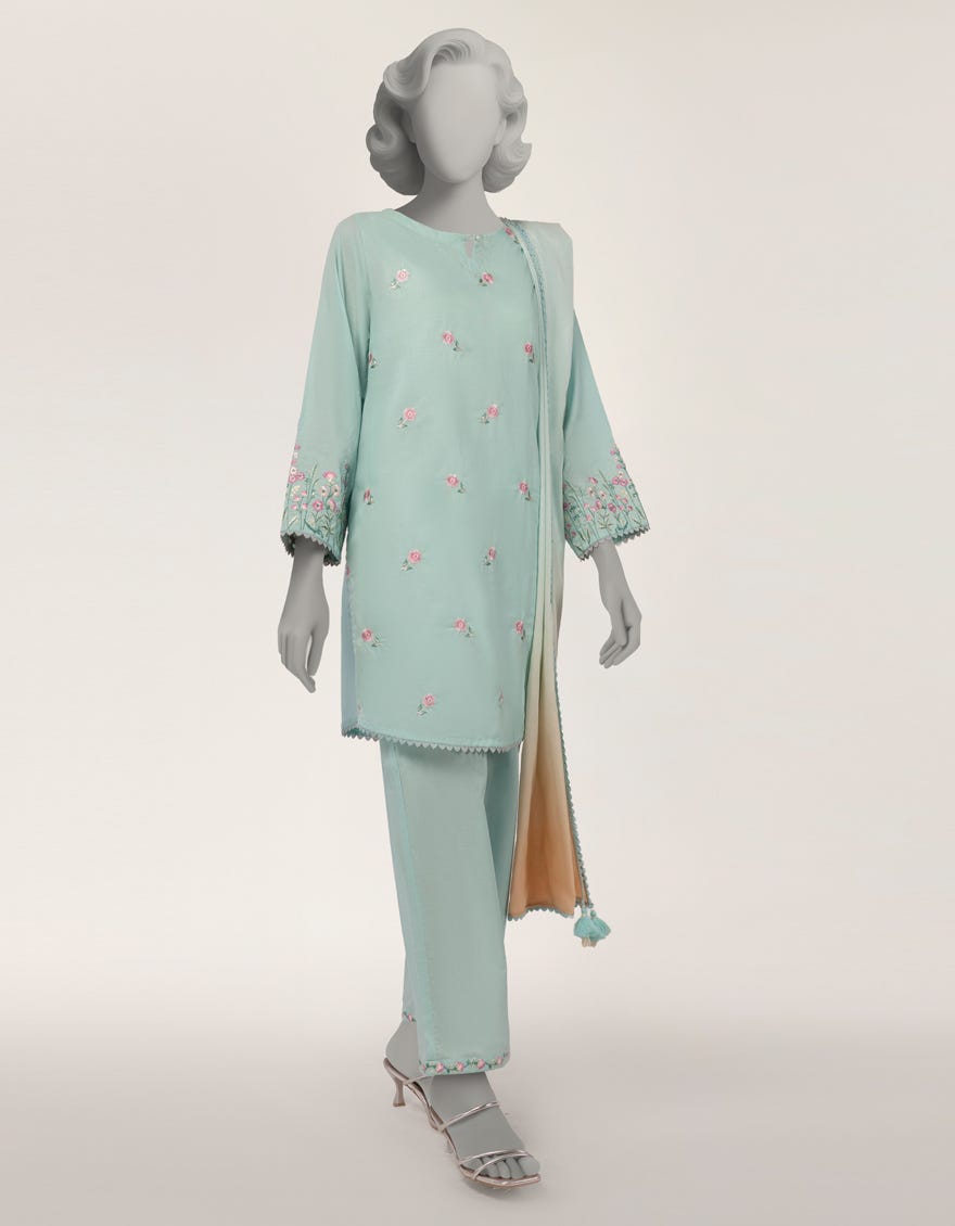 GREEN JACQUARD EMBROIDERED 3PC STITCHED