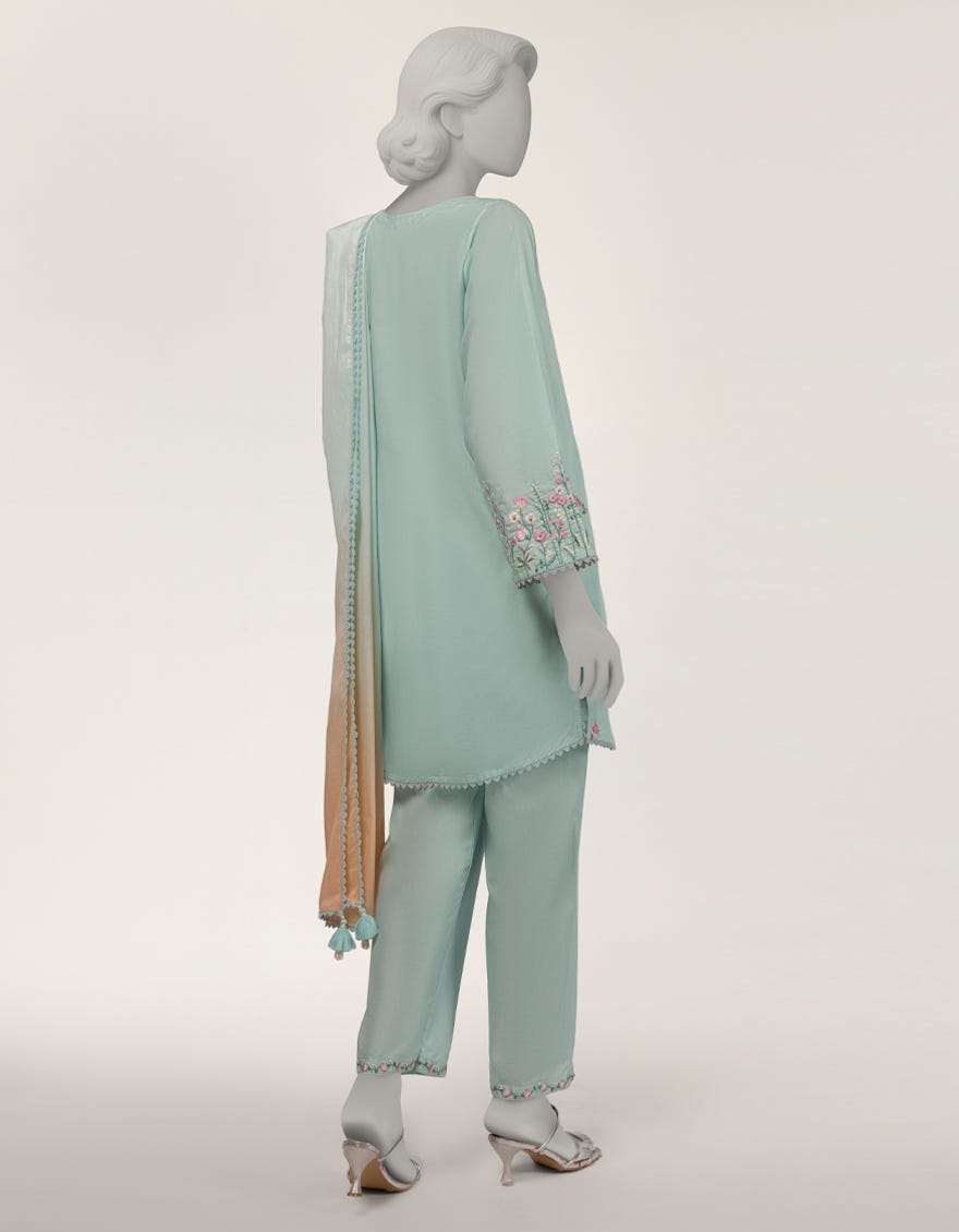 GREEN JACQUARD EMBROIDERED 3PC STITCHED