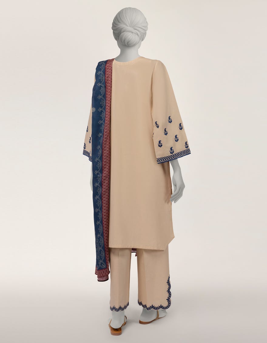 BEIGE LAWN EMBROIDERED STITCHED 3PC