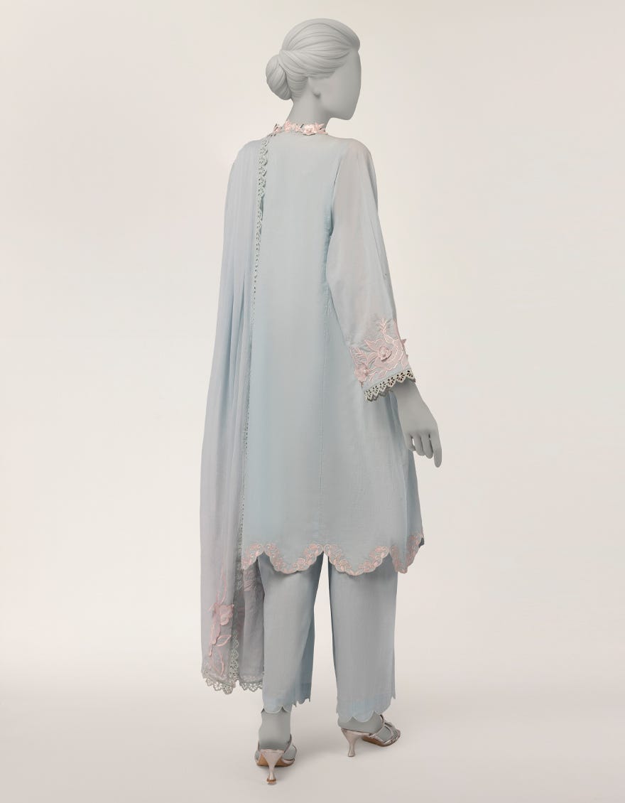 BLUE DOBBY EMBROIDERED STITCHED 3PC