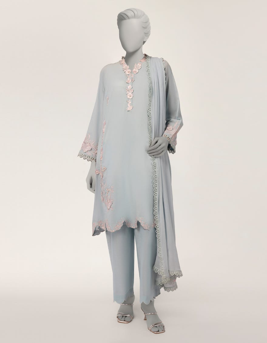 BLUE DOBBY EMBROIDERED STITCHED 3PC