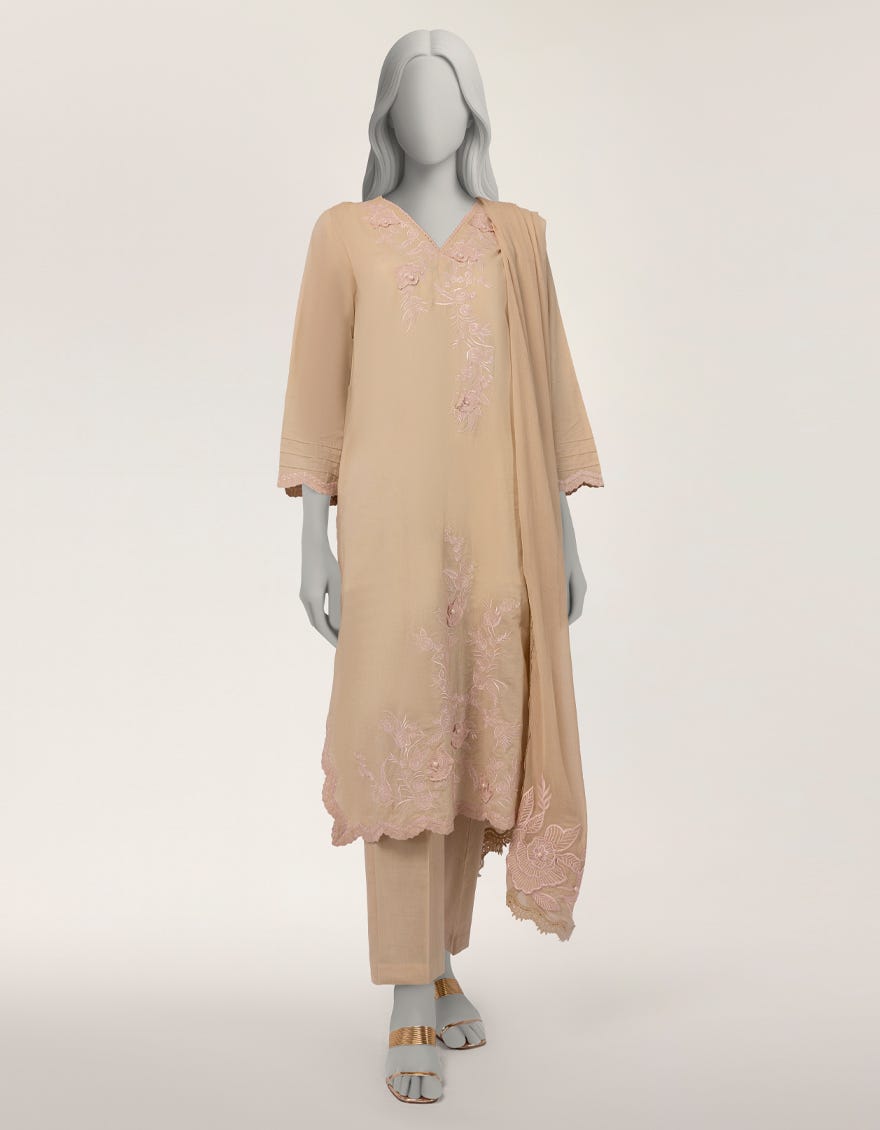 BEIGE DOBBY EMBROIDERED 3PC STITCHED