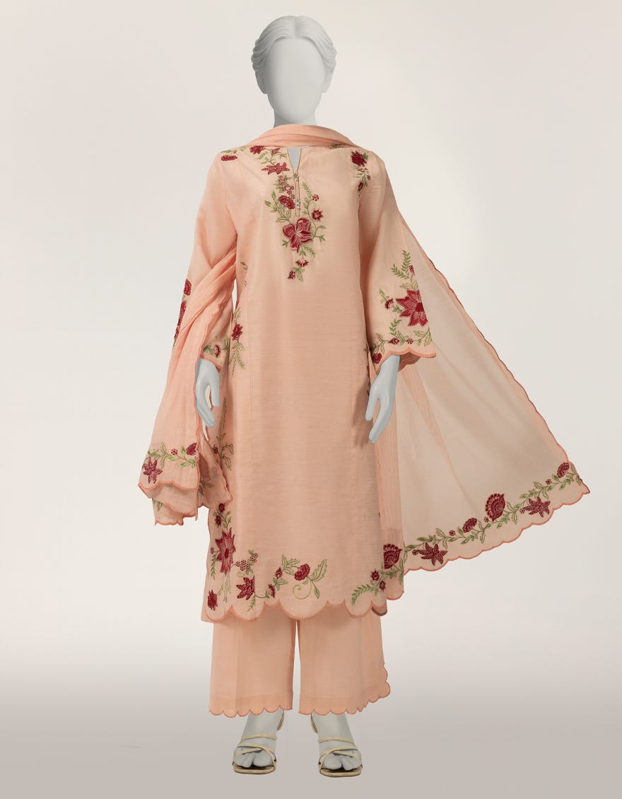 PINK COTTON SILK EMBROIDERED STITCHED 3PC