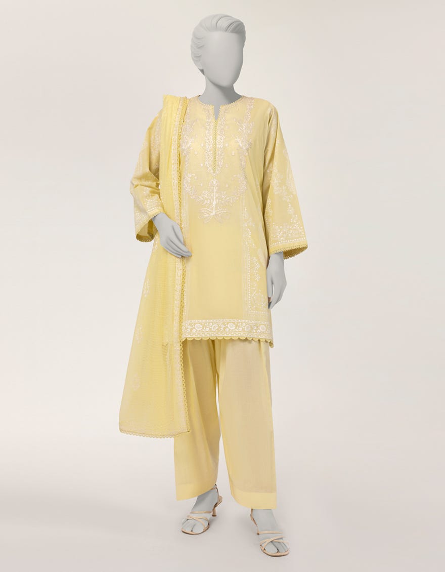 YELLOW LAWN PASTE PRINTED 3PC STITCHED