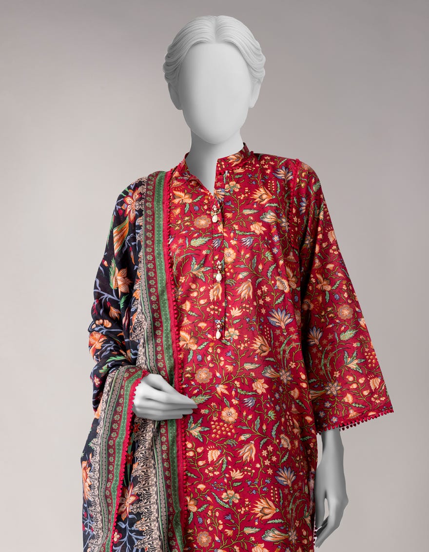 RED LAWN PRINTED UNSTITCHED 3PC