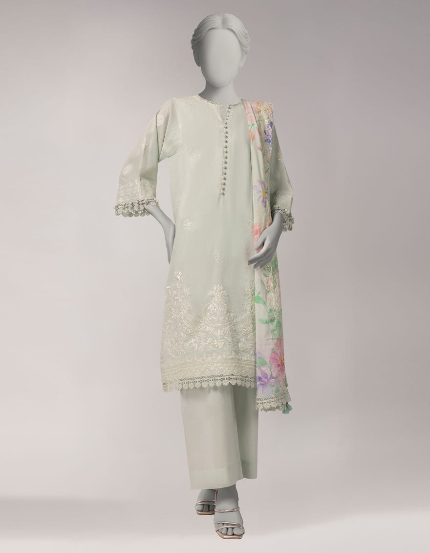 GREEN DOBBY EMBROIDERED UNSTITCHED 3PC