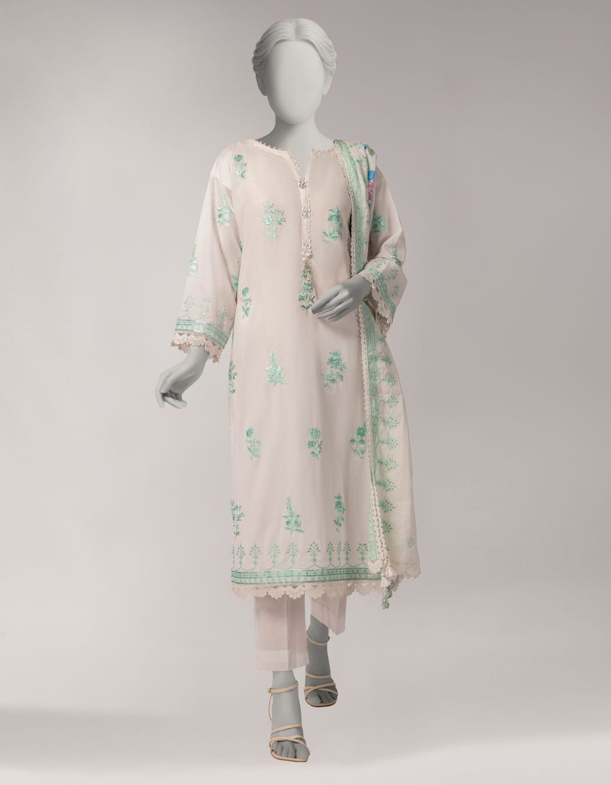 WHITE DOBBY EMBROIDERED UNSTITCHED 3PC