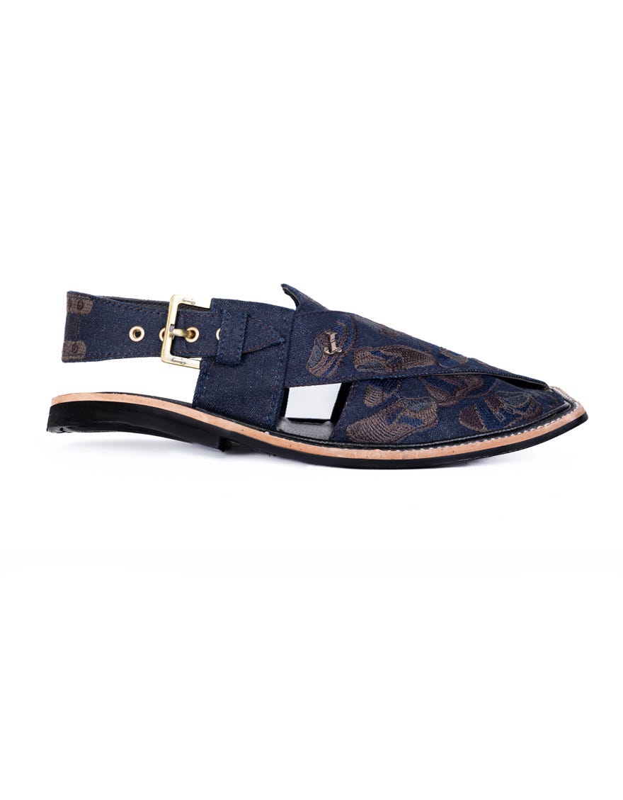 Blue Embroidered Peshawari Chappal | Jjfw-Jpc-239-Emb-R1