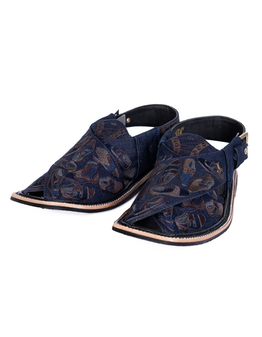 Blue Embroidered Peshawari Chappal | Jjfw-Jpc-239-Emb-R1