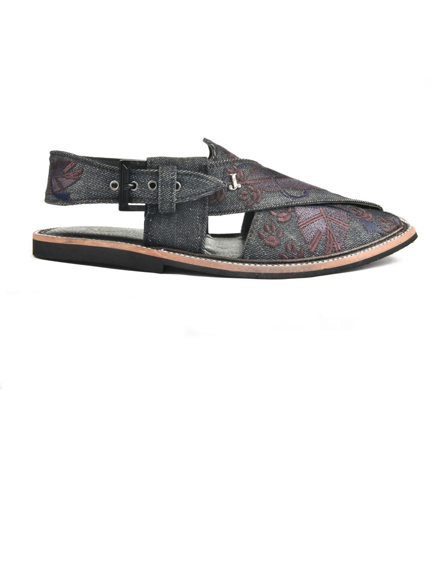 Denim Black Embroidered Peshawari Chappal | Jjfw-Jpc-352-Emb