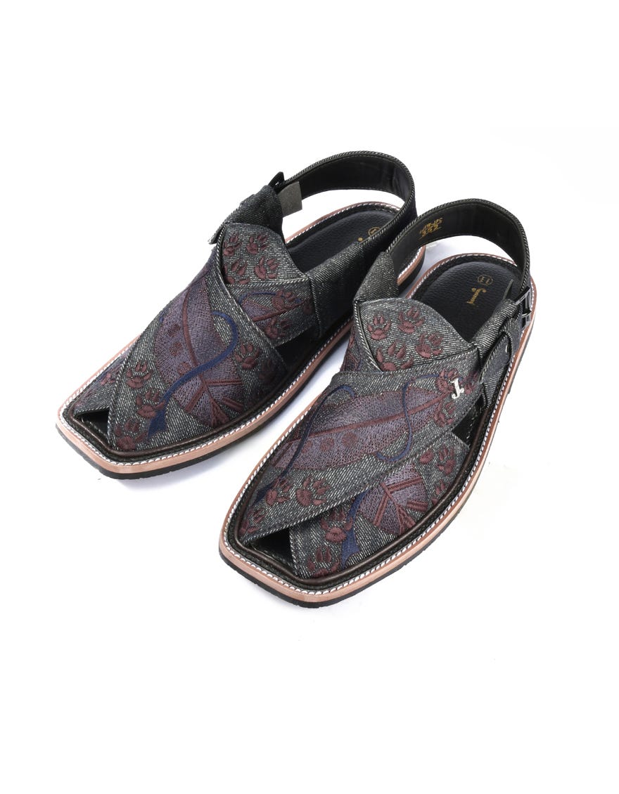 Denim Black Embroidered Peshawari Chappal | Jjfw-Jpc-352-Emb