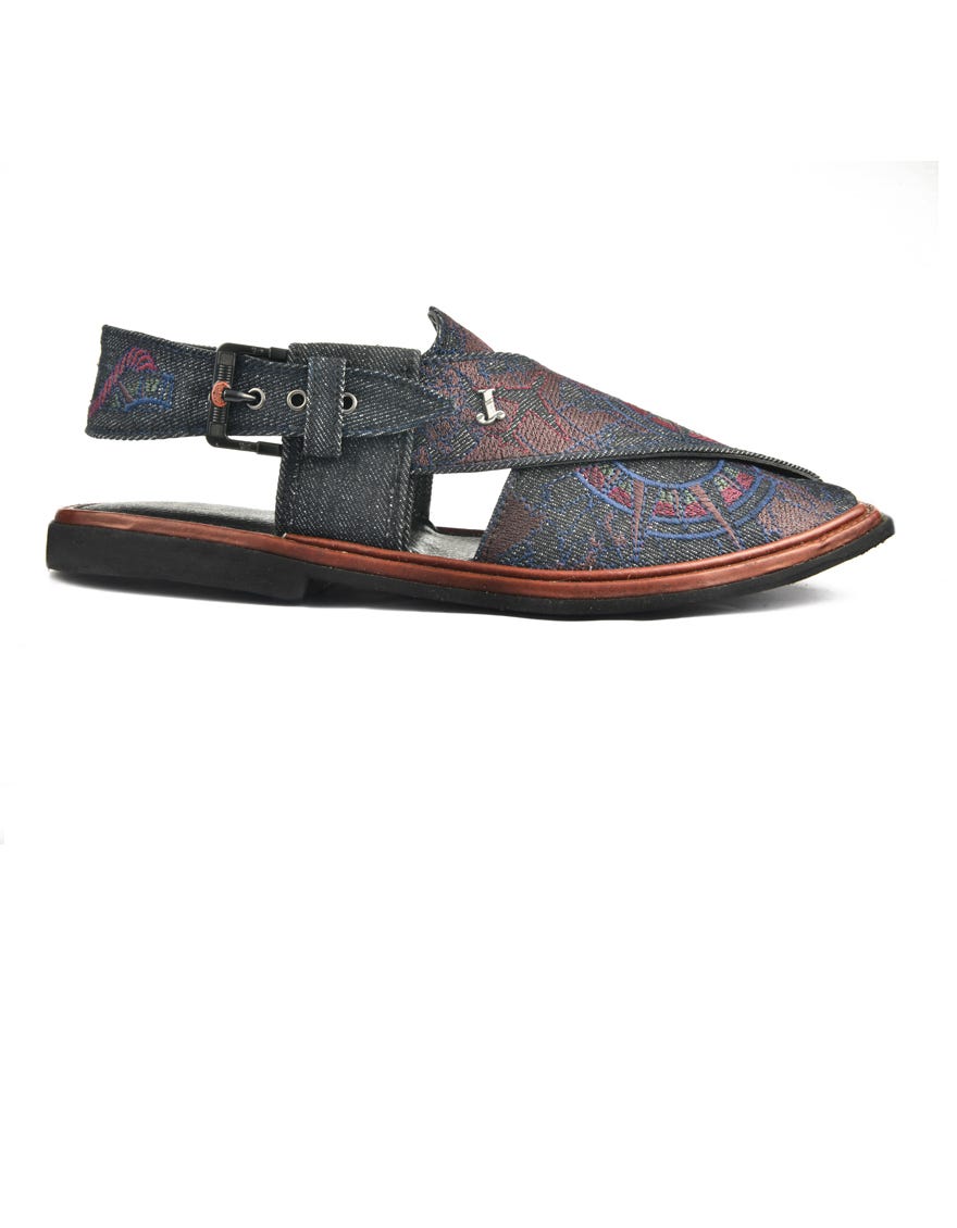 Denim Blue Embroidered Peshawari Chappal | Jjfw-Jpc-354-Emb