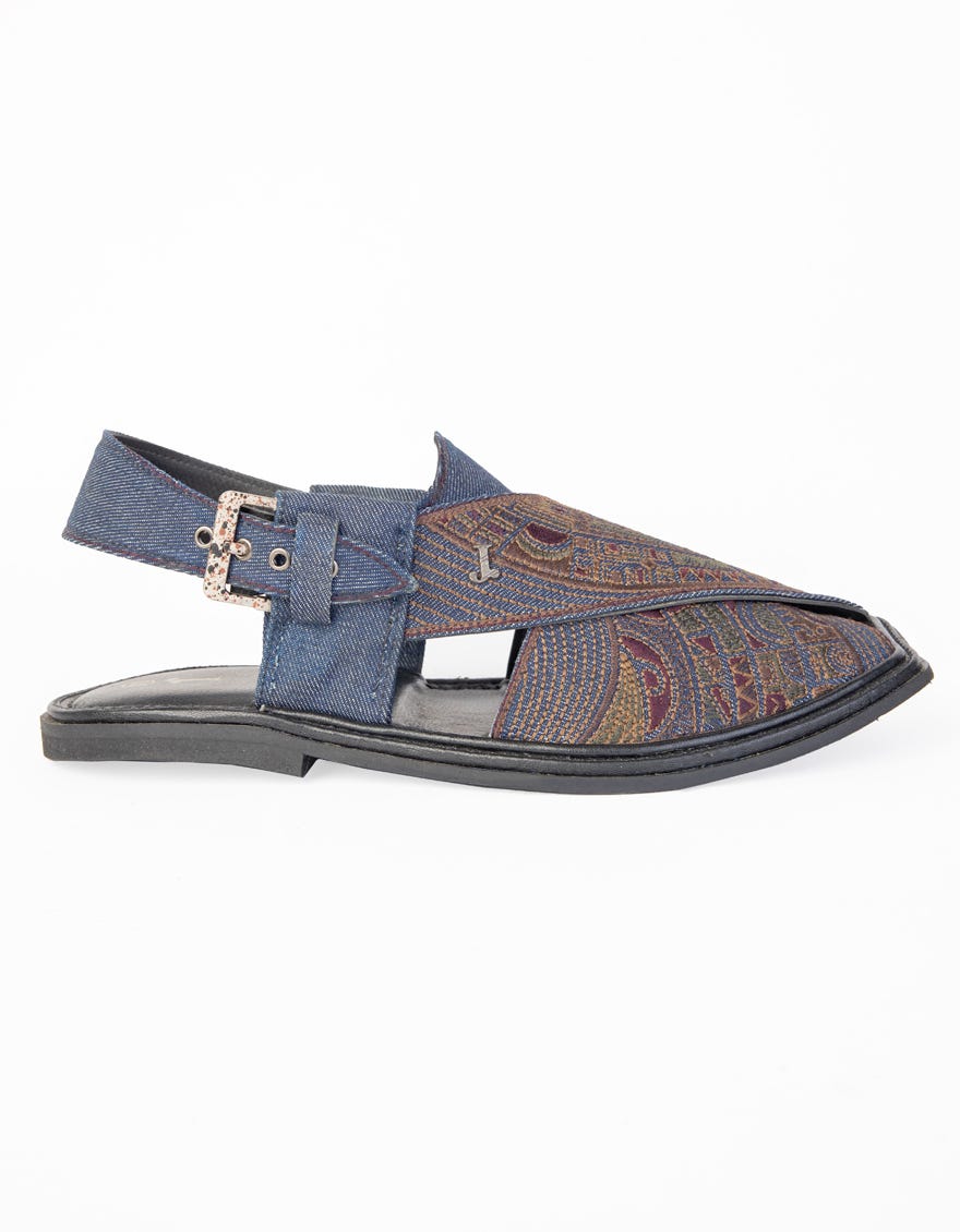 DENIM BLUE EMBROIDERED PESHAWARI SANDALS