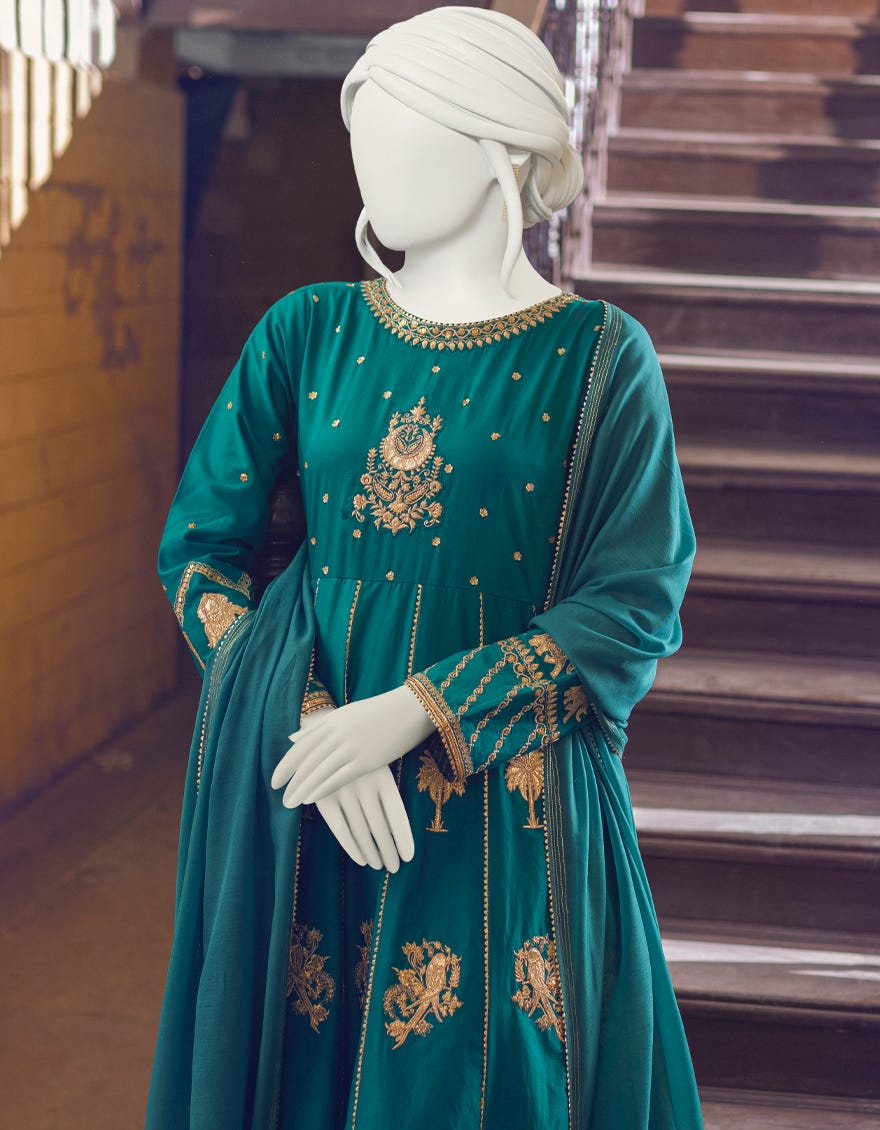 SEA GREEN COTTON 3PC STITCHED | JJPW-W-JPS-22-3942