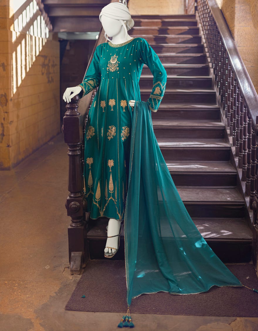 SEA GREEN COTTON 3PC STITCHED | JJPW-W-JPS-22-3942