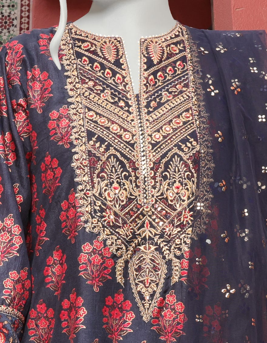 NAVY BLUE SILK 3PC STITCHED | JJPW-W-JPS-22-3944 FB