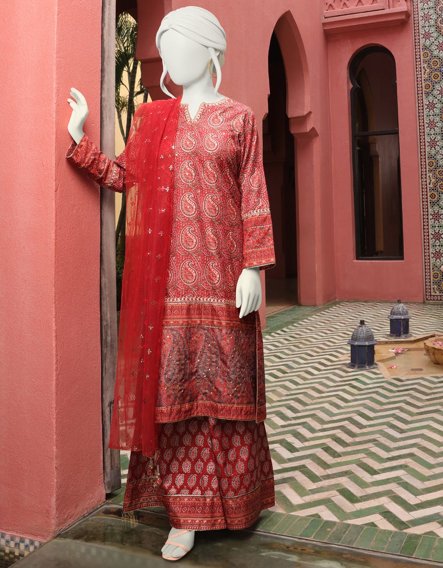 RED SILK 3PC STITCHED | JJPW-W-JPS-22-3946