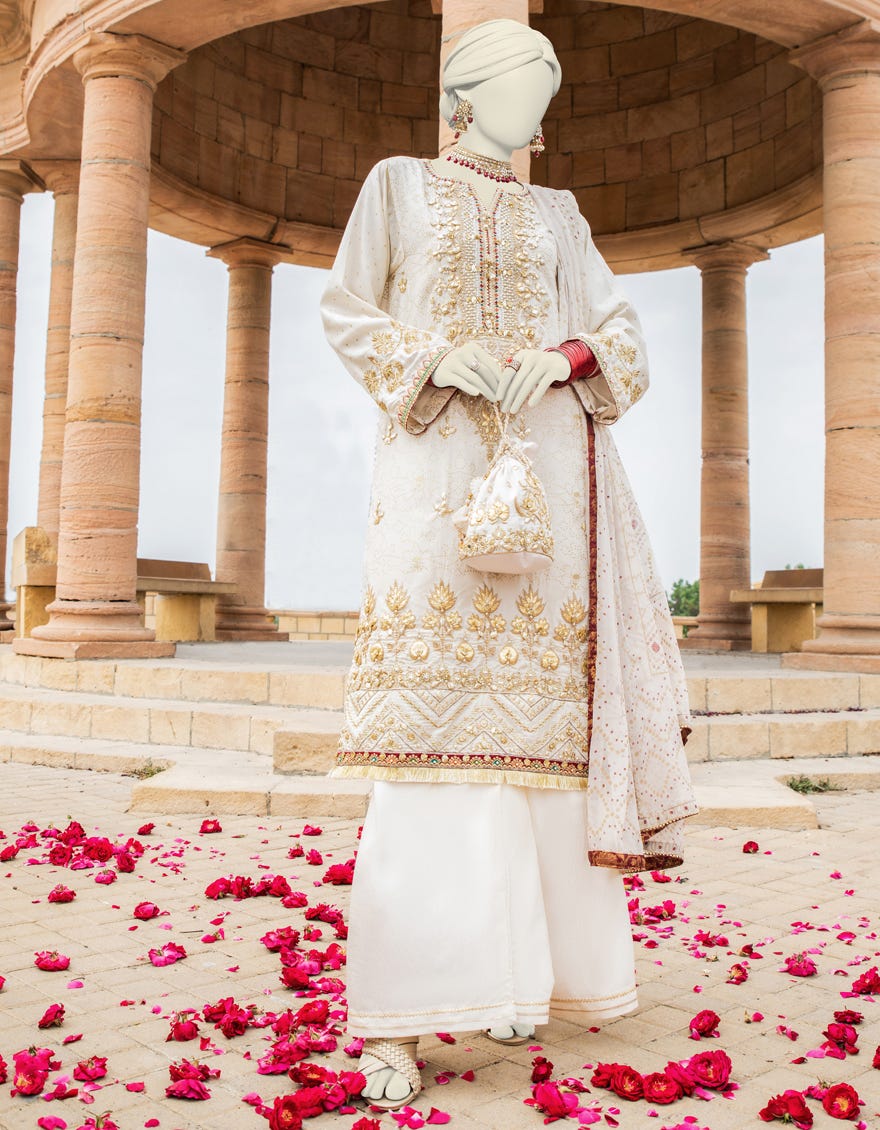 Off White Raw Silk Stitched 3 Piece | Jjpw-S-Jps-24-3901