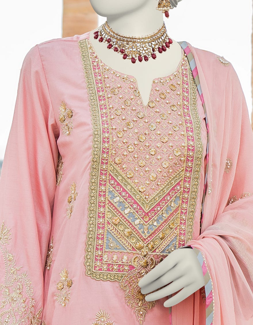 Pink Raw Silk Stitched 3 Piece | Jjpw-S-Jps-24-3902