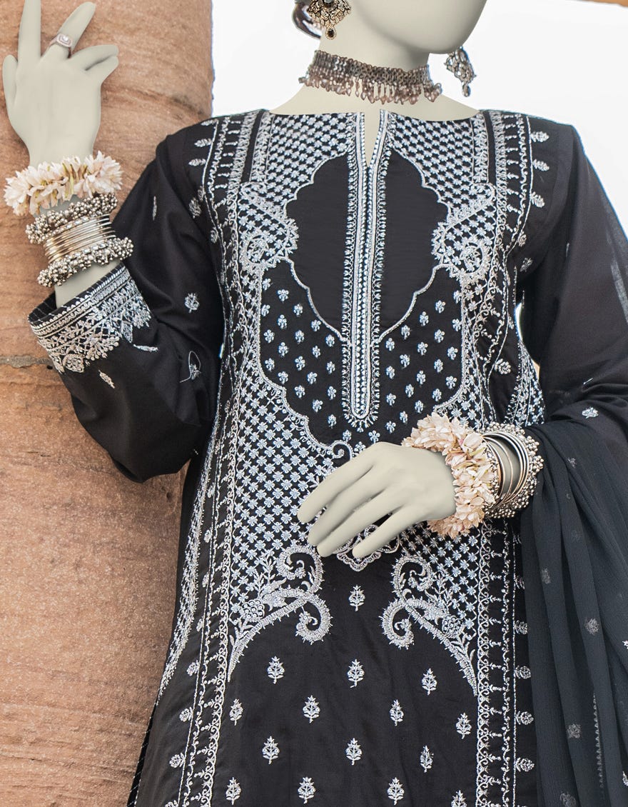 Black Raw Silk Stitched 3 Piece | Jjpw-S-Jps-24-3903