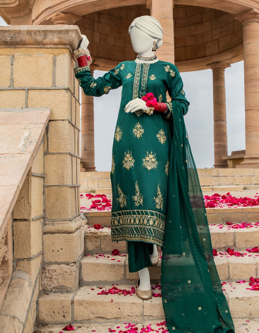 Green Raw Silk Stitched 3 Piece | Jjpw-S-Jps-24-3904