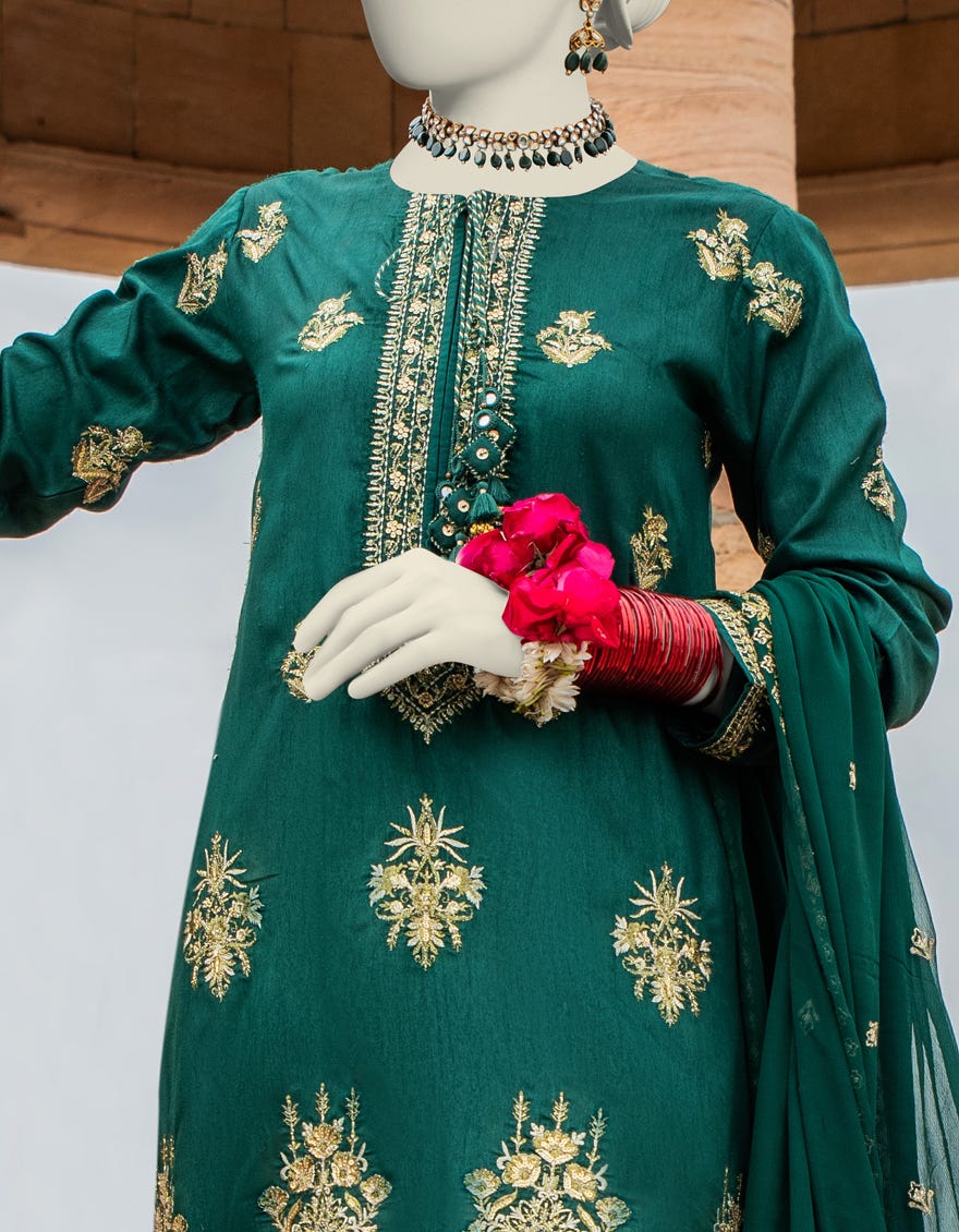 Green Raw Silk Stitched 3 Piece | Jjpw-S-Jps-24-3904