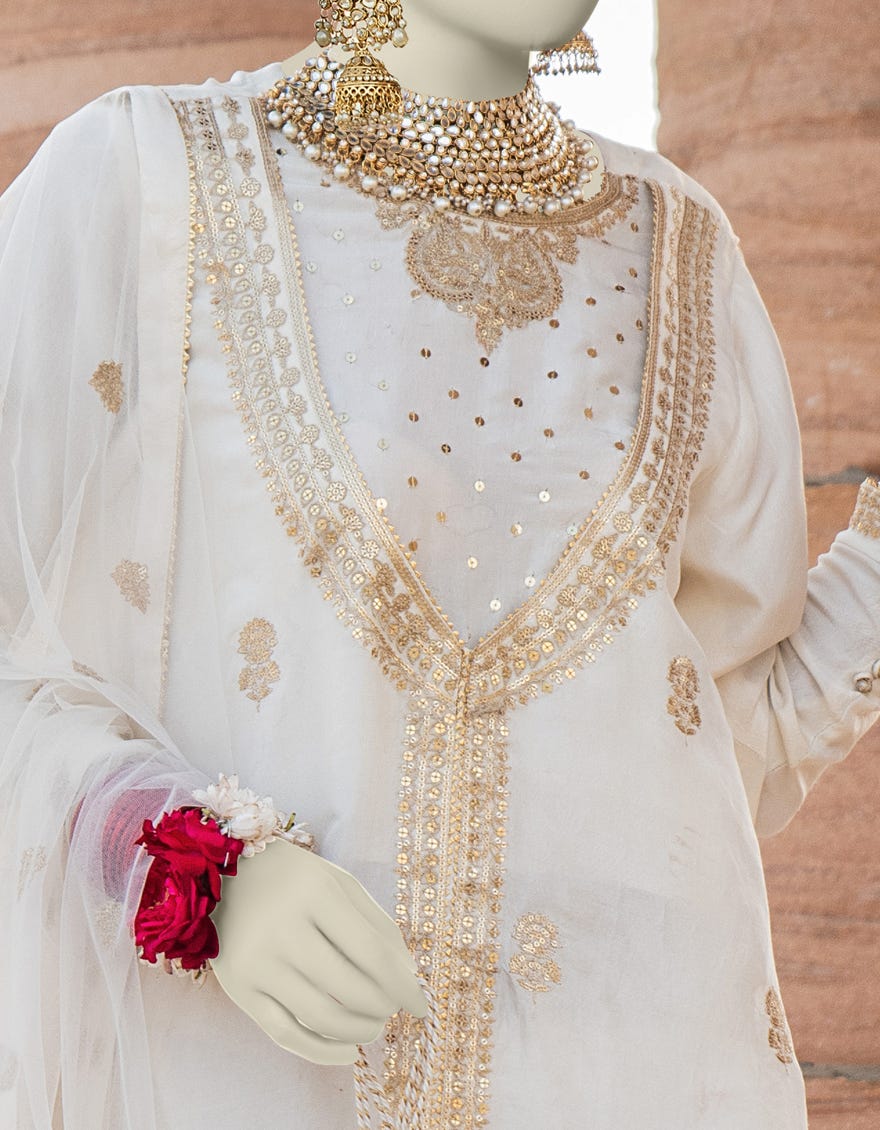 Off White Raw Silk Stitched 3 Piece | Jjpw-S-Jps-24-3905