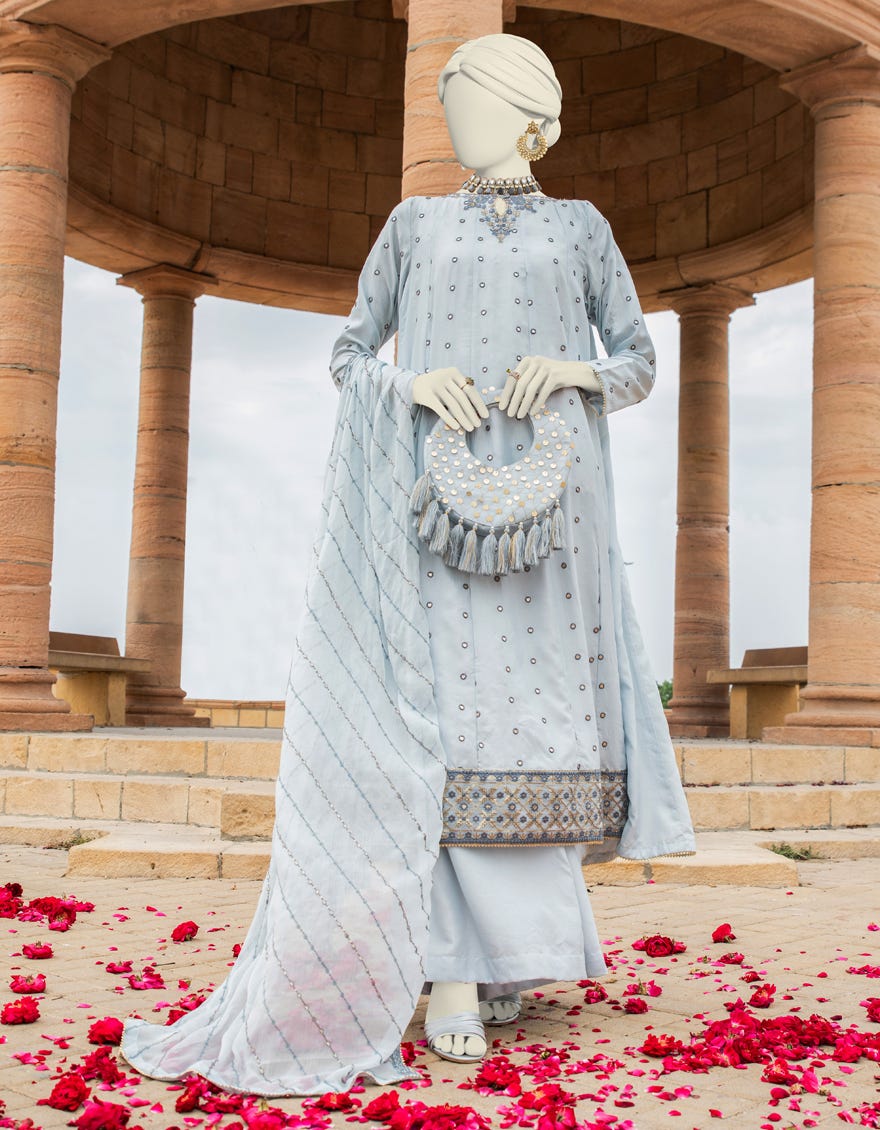 Grey Raw Silk Stitched 3 Piece | Jjpw-S-Jps-24-3906