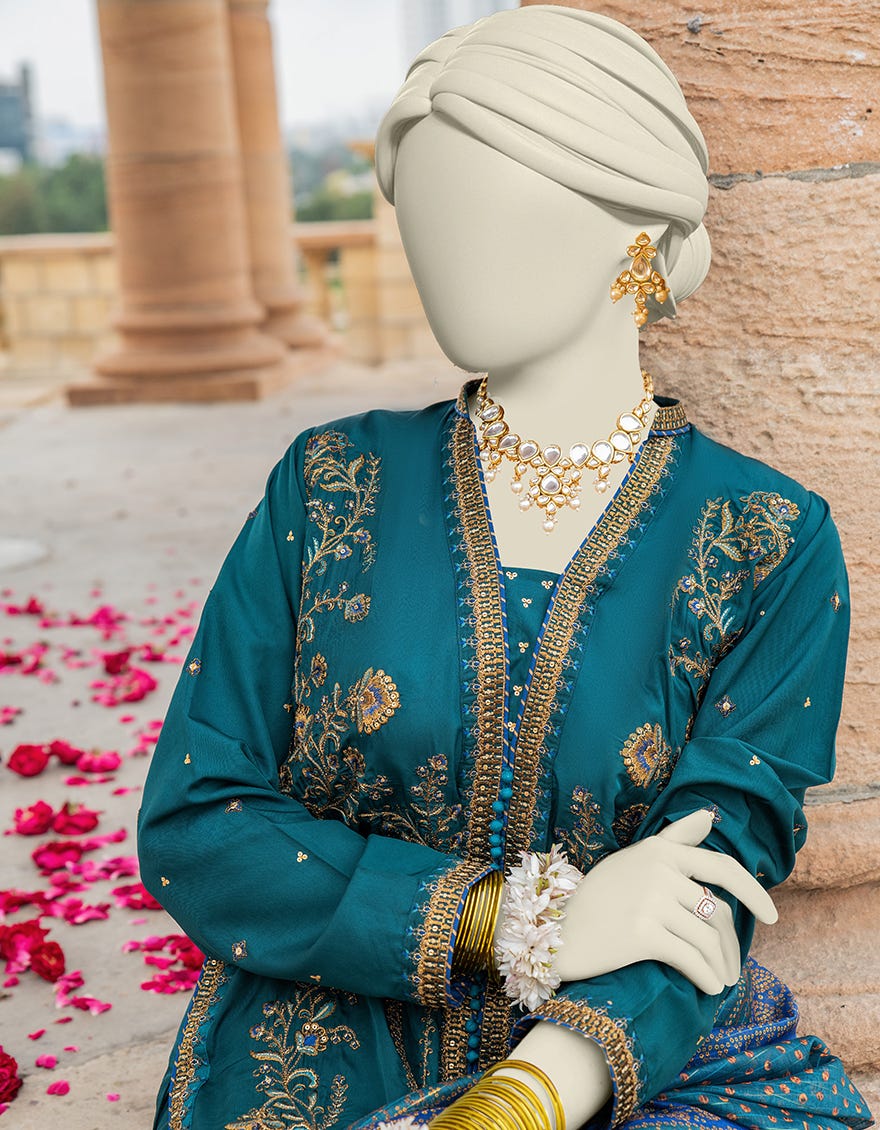 Green Raw Silk Stitched 3 Piece | Jjpw-S-Jps-24-3908