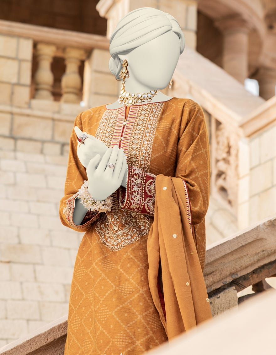 Mustard Cotton Net Stitched 3 Piece | Jjpw-S-Jps-24-3917