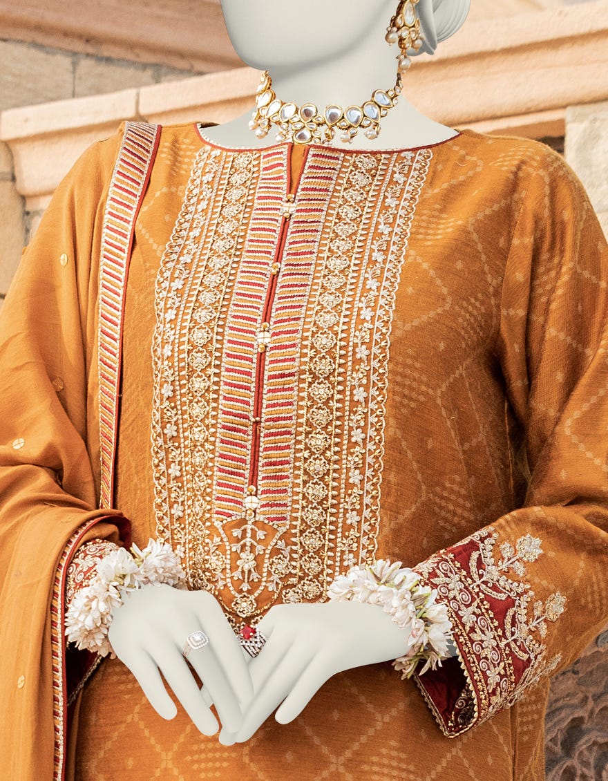 Mustard Cotton Net Stitched 3 Piece | Jjpw-S-Jps-24-3917