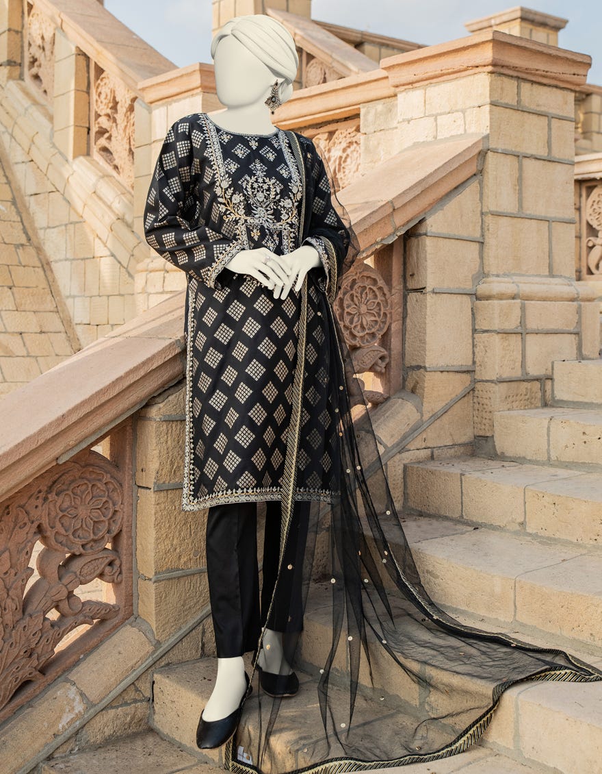 Black Jacquard Stitched 3 Piece | Jjpw-S-Jps-24-3918