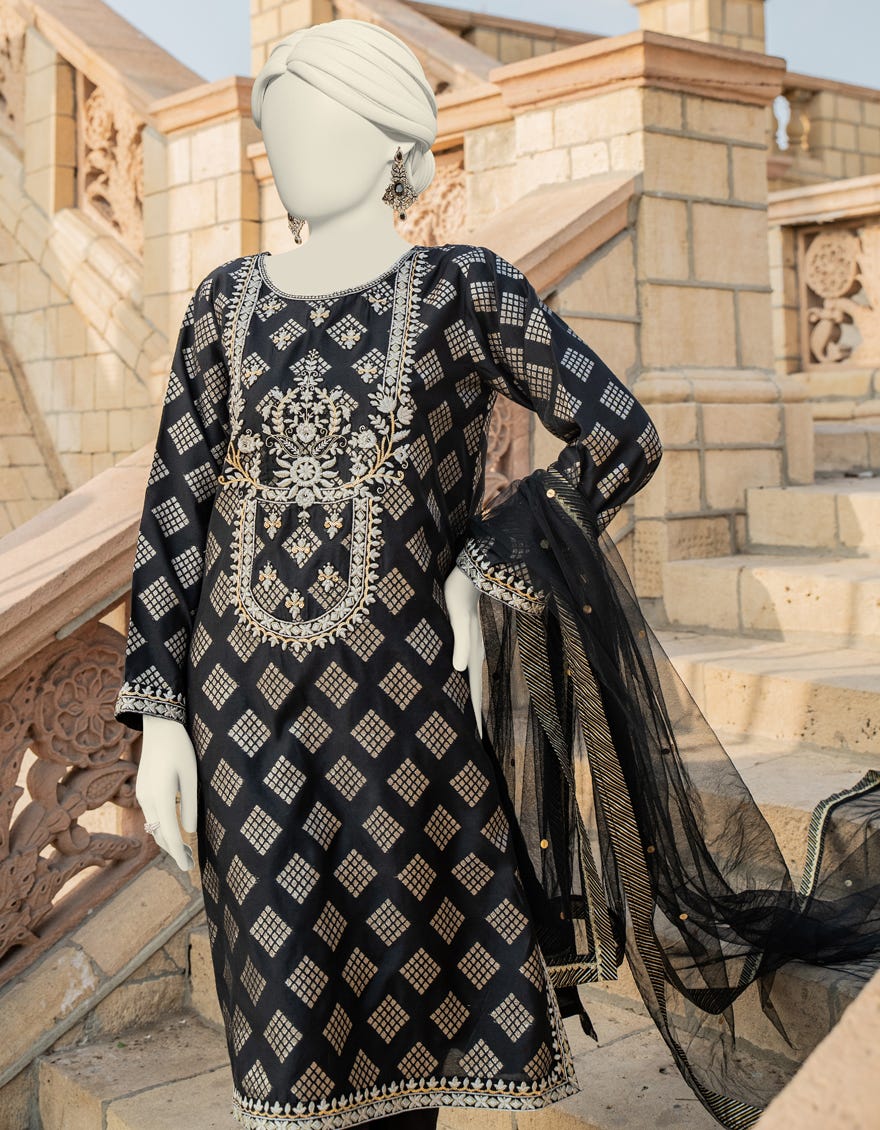 Black Jacquard Stitched 3 Piece | Jjpw-S-Jps-24-3918