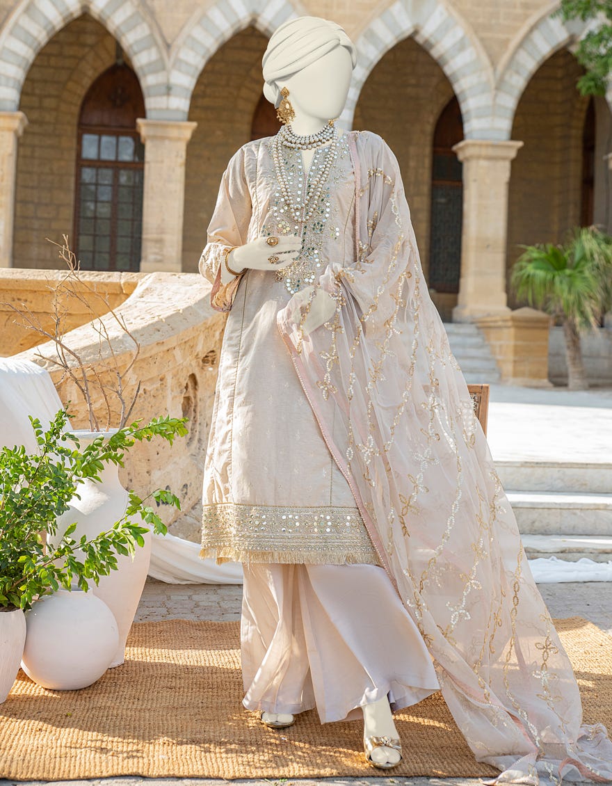 Beige Karandi 3 Piece Stitched Dress | Jjpw-S-Jps-24-3923